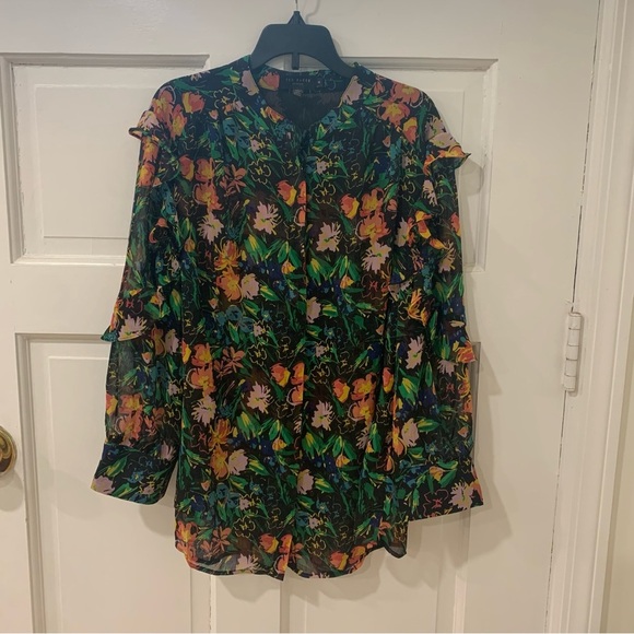 TED BAKER Abstract Floral Print Carita Ruffle Semi Sheer Shirt Blouse Top Sz 4 - Picture 3 of 11